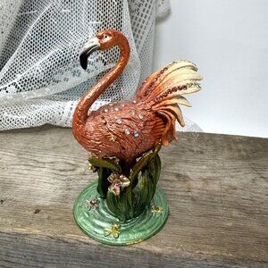 Vintage Enamel Flamingo Trinket Box With Rhinestones & Hinged Lid On Decorative